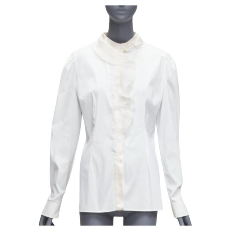 DOLCE GABBANA ivory lace ruffle collar long sleeve fitted dress shirt IT46 XL For Sale