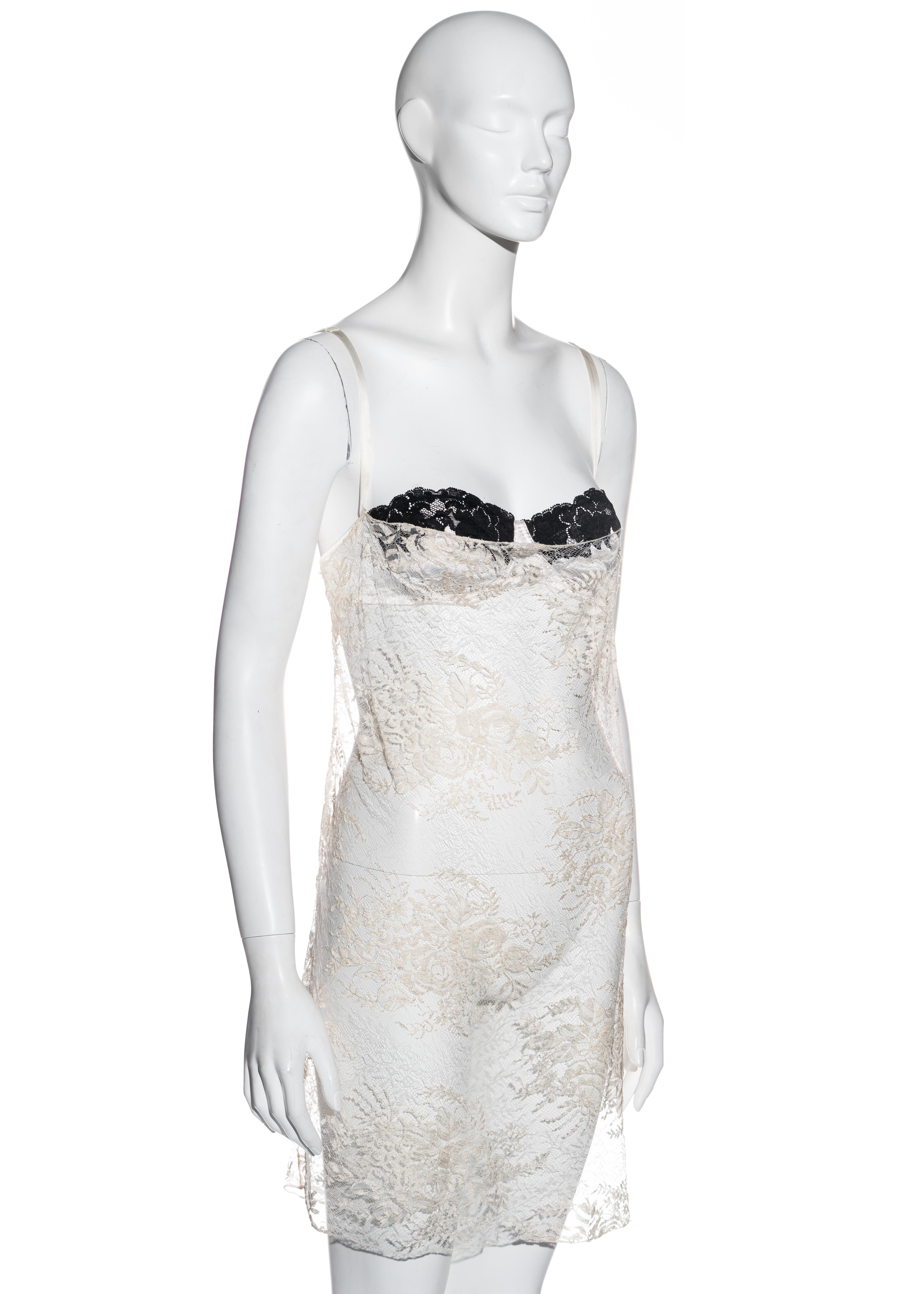Gray Dolce & Gabbana ivory lace slip dress with attached bra, fw 2001