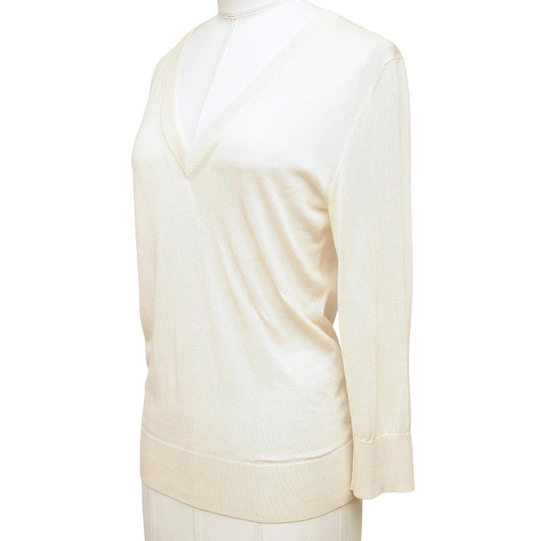DOLCE and GABBANA Ivory Sweater Knit V-Neck 3/4 Sleeve Cashmere Silk Sz 42 For Sale at 1stDibs