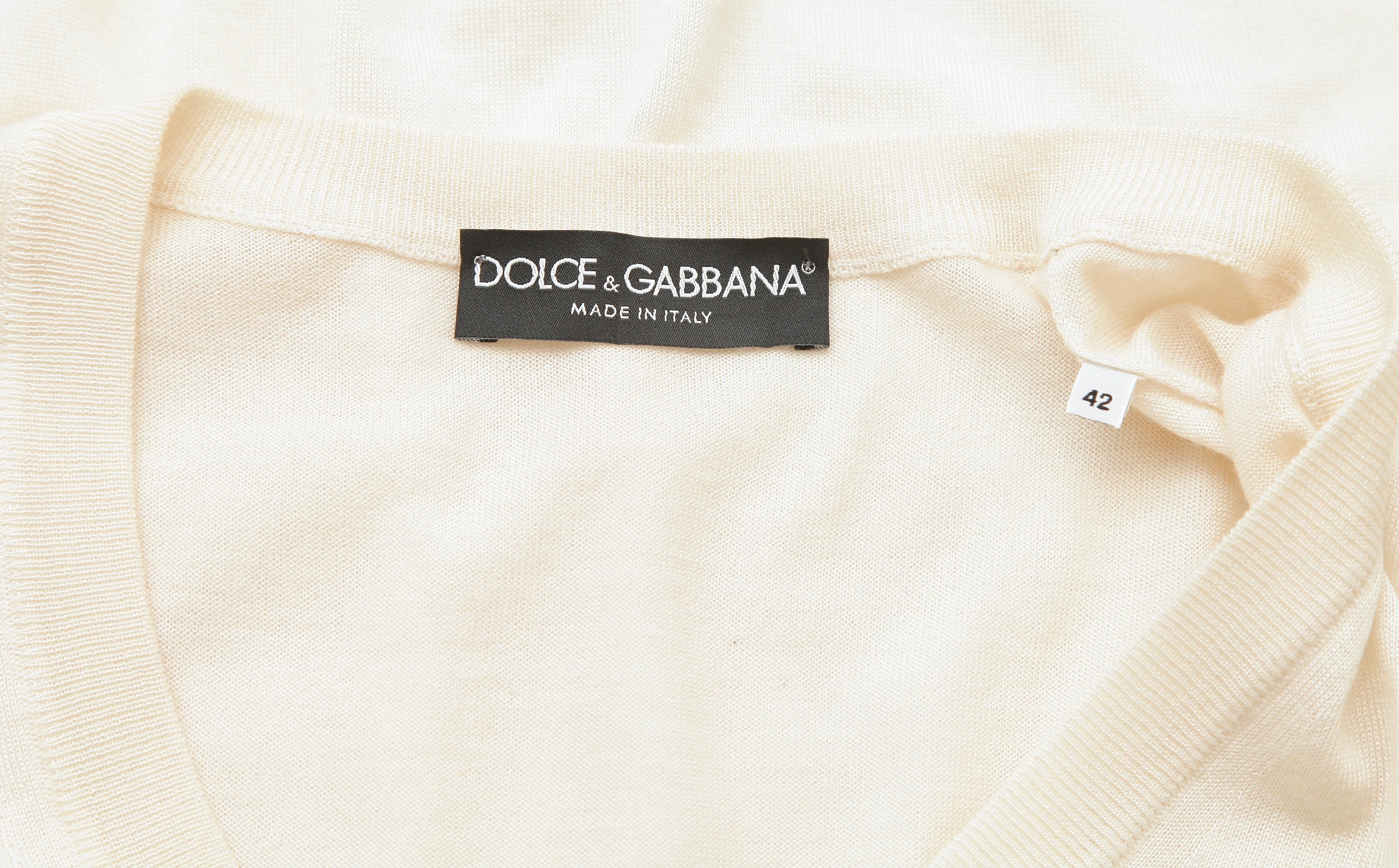 Women's DOLCE & GABBANA Ivory Sweater Knit V-Neck 3/4 Sleeve Cashmere Silk Sz 42 For Sale
