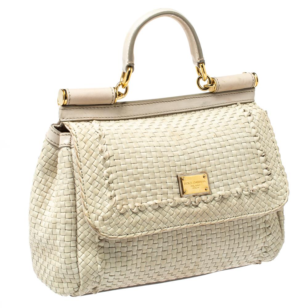 Dolce & Gabbana Ivory White Woven Leather Medium Miss Sicily Top Handle Bag In Fair Condition In Dubai, Al Qouz 2