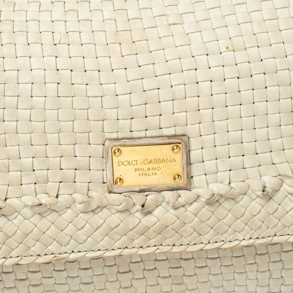 Dolce & Gabbana Ivory White Woven Leather Medium Miss Sicily Top Handle Bag 2