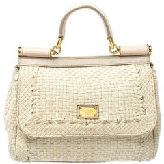 Dolce & Gabbana Ivory White Woven Leather Medium Miss Sicily Top Handle Bag