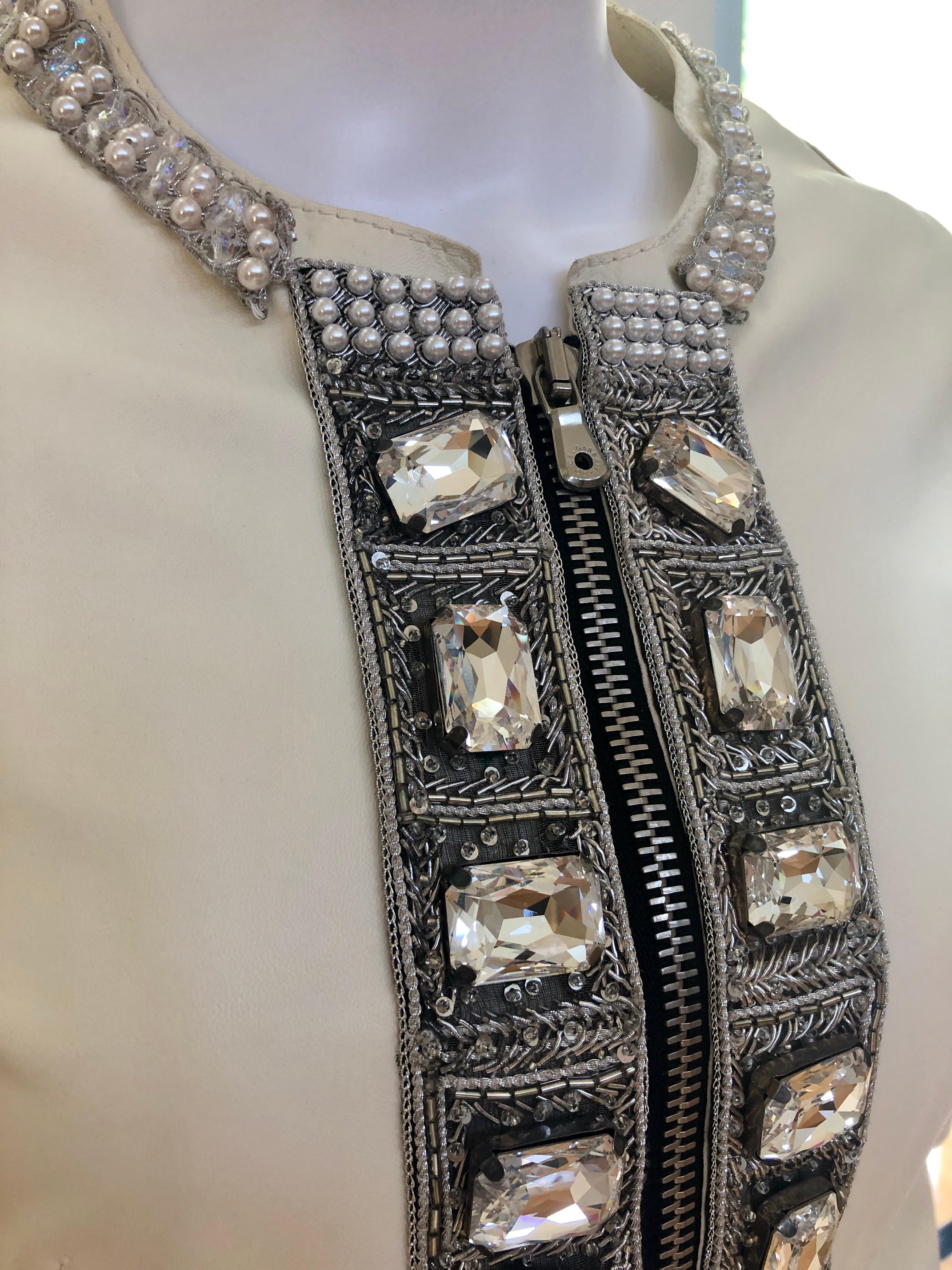 Brown Dolce & Gabbana Jewel Embellished Fitted Short Off White Lambskin Evening Jacket For Sale