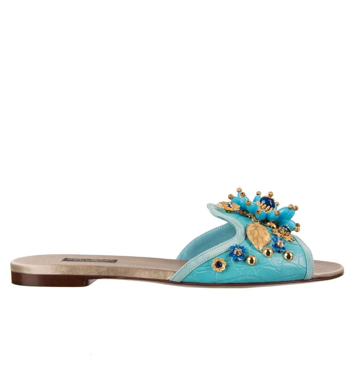 - Caiman Leather Slide Sandals BIANCA embellished with crystals, studs and brass applications in blue by DOLCE & GABBANA  - MADE IN ITALY - Former RRP: EUR 1.150 - New with Tag and Box - Model: CQ0022-A2I67-8L698 - Material: 79% Caiman Leather, 21%