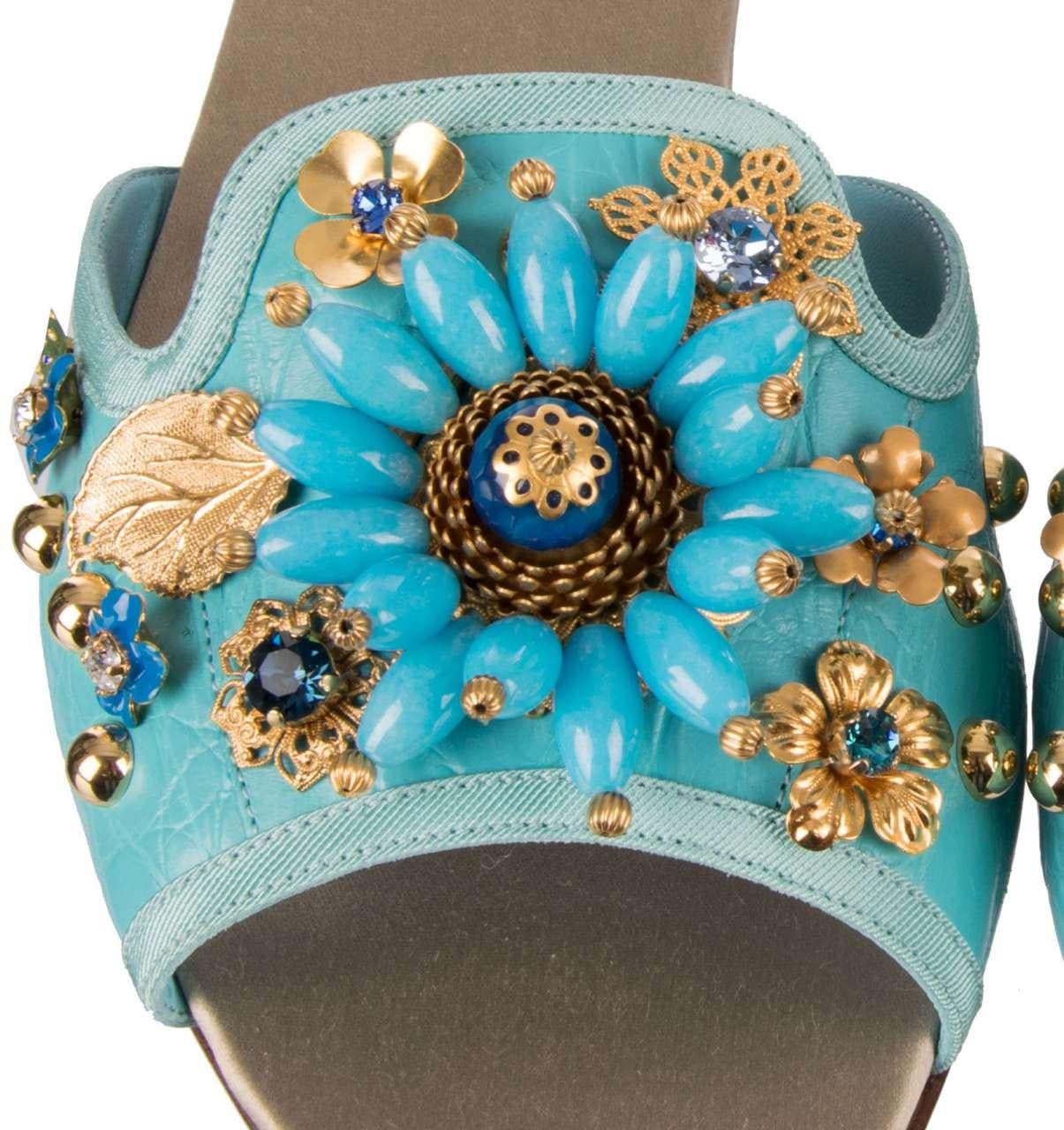 Dolce & Gabbana Jeweled Caiman Leather Sandals BIANCA with Crystals Blue EUR 36 In Excellent Condition For Sale In Erkrath, DE