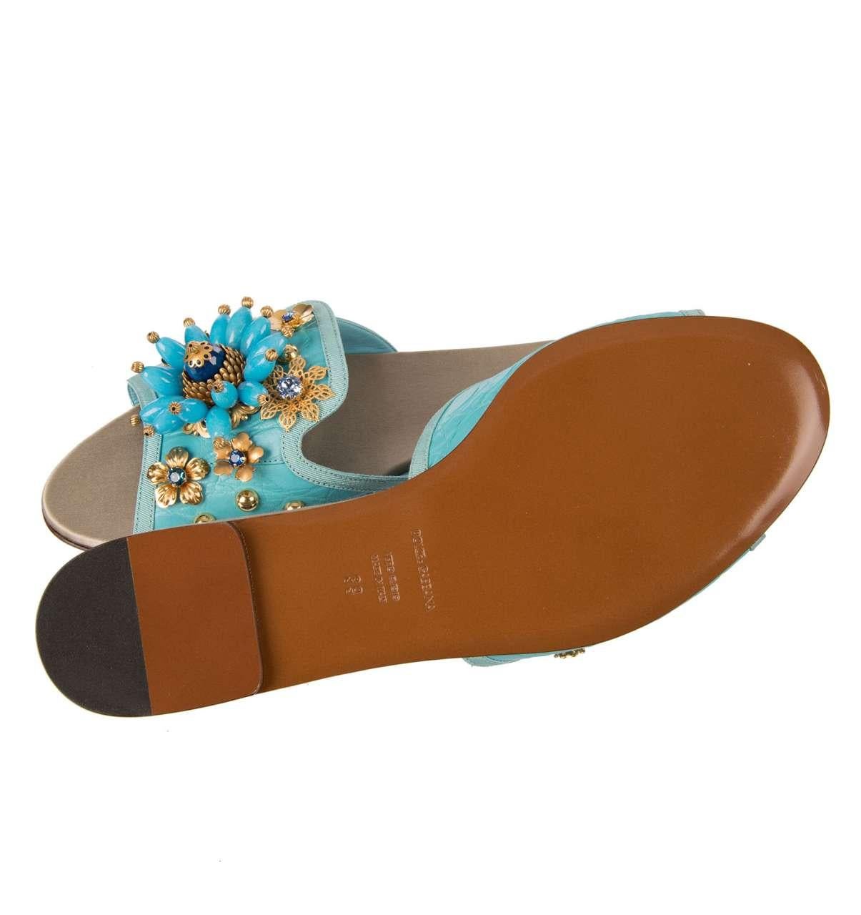 Dolce & Gabbana Jeweled Caiman Leather Sandals BIANCA with Crystals Blue EUR 36 For Sale 1