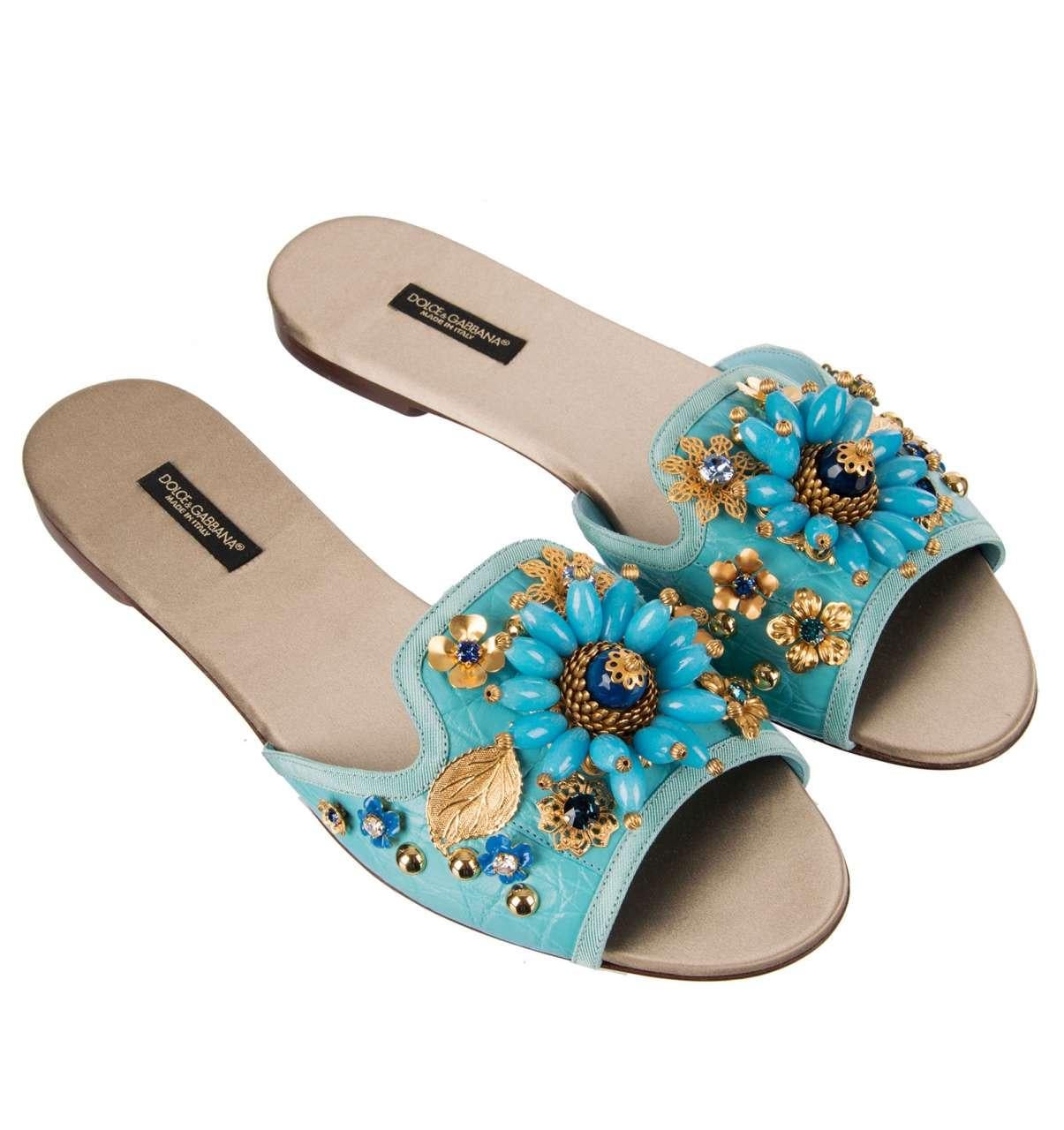 Dolce & Gabbana Jeweled Caiman Leather Sandals BIANCA with Crystals Blue EUR 36 For Sale