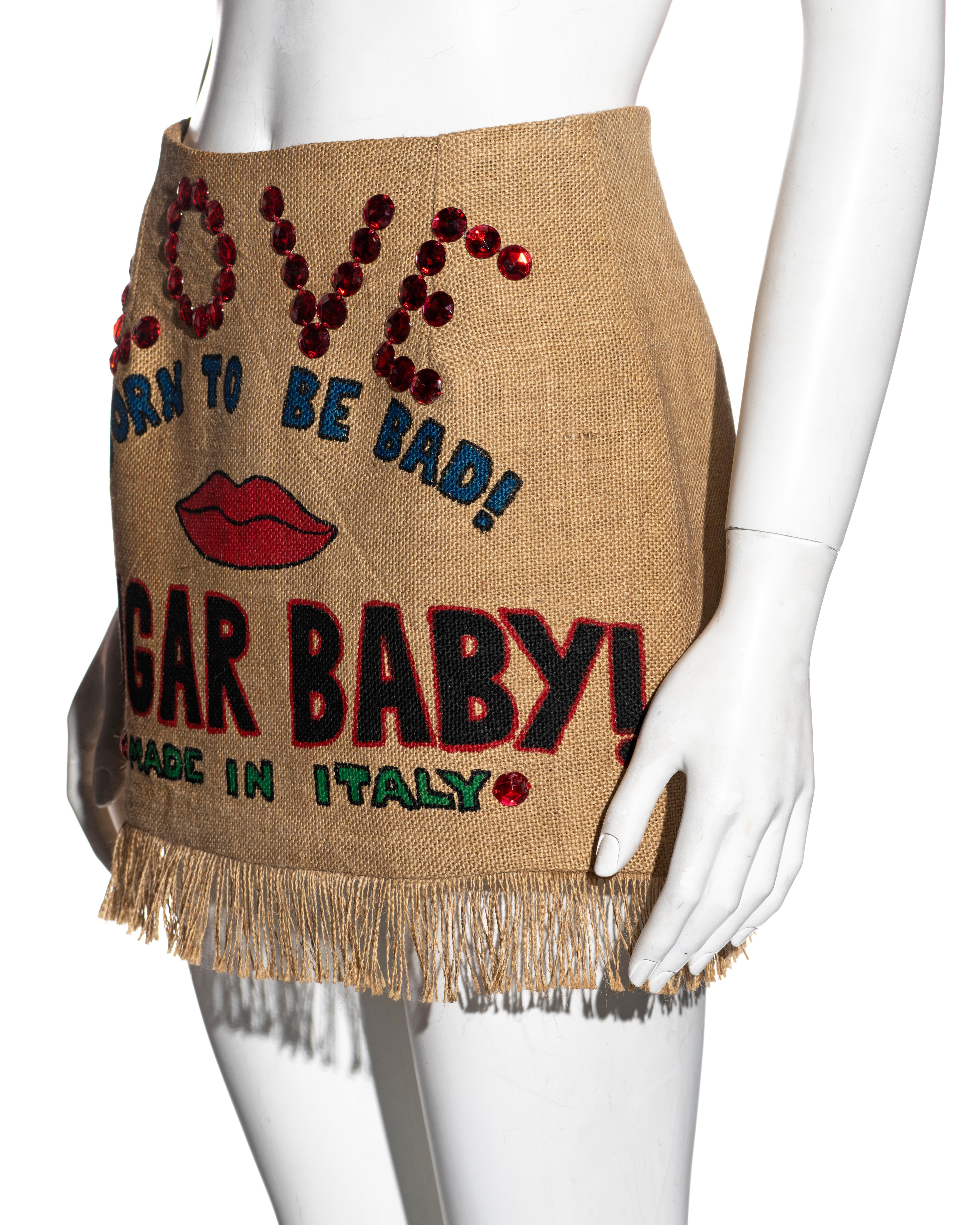 Women's Dolce & Gabbana jute hand-painted 'Sugar Baby' mini skirt, ss 1992 For Sale