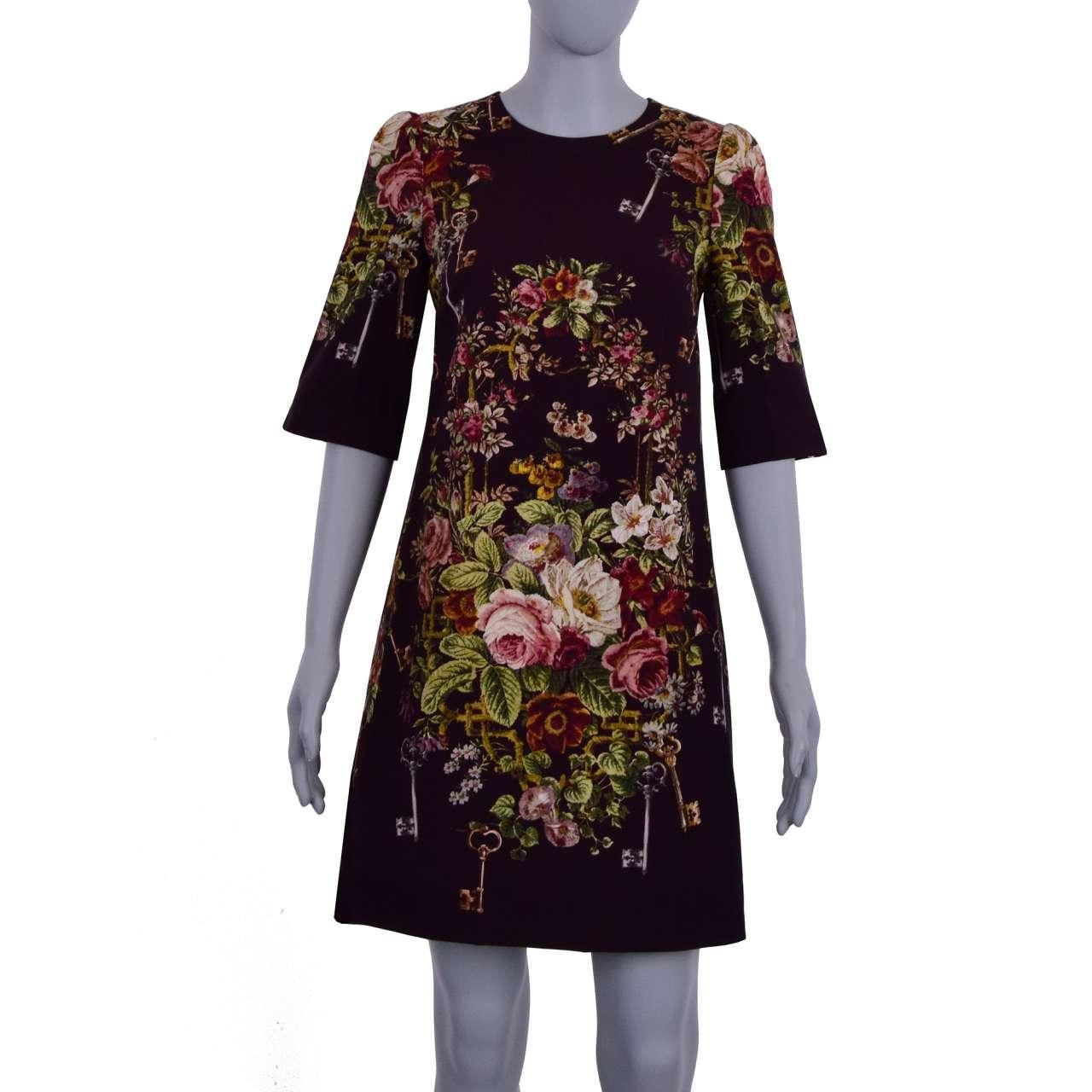 Dolce & Gabbana - Keys Roses Printed Dress Bordeaux IT 38 For Sale