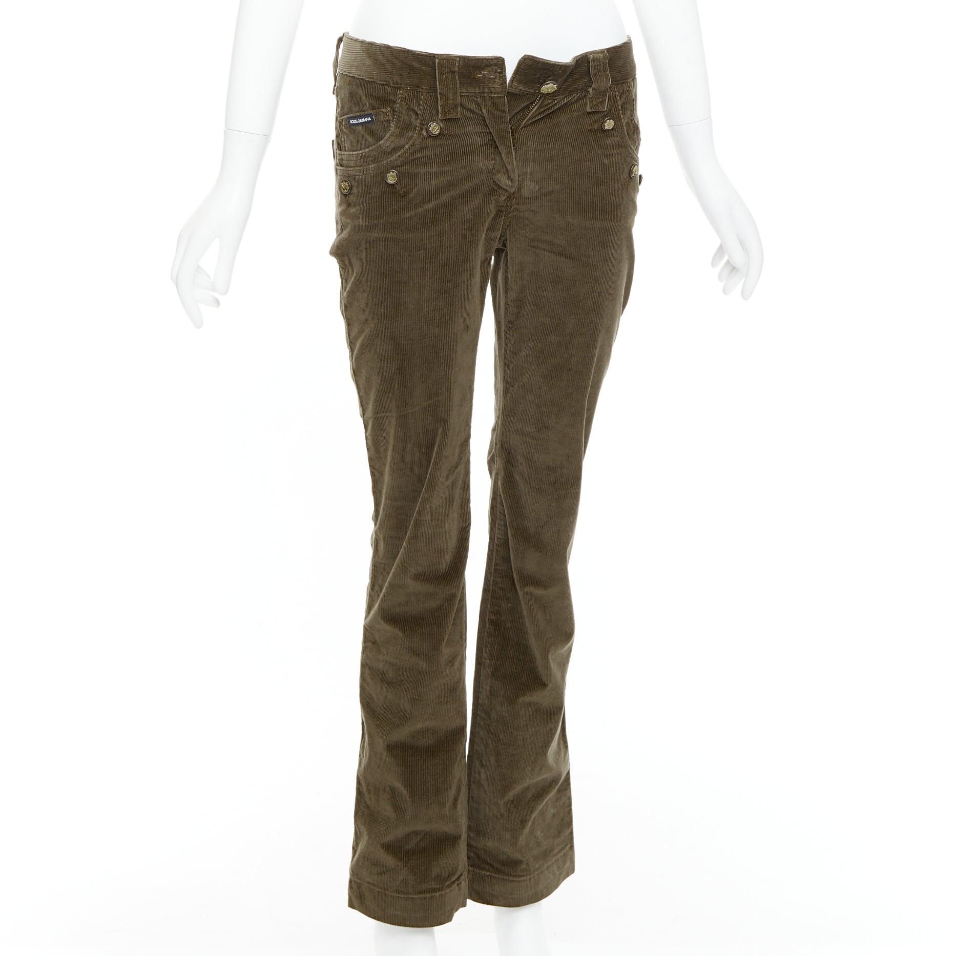 Black DOLCE GABBANA khaki corduroy DG crest buttons flared pants IT38 XS For Sale