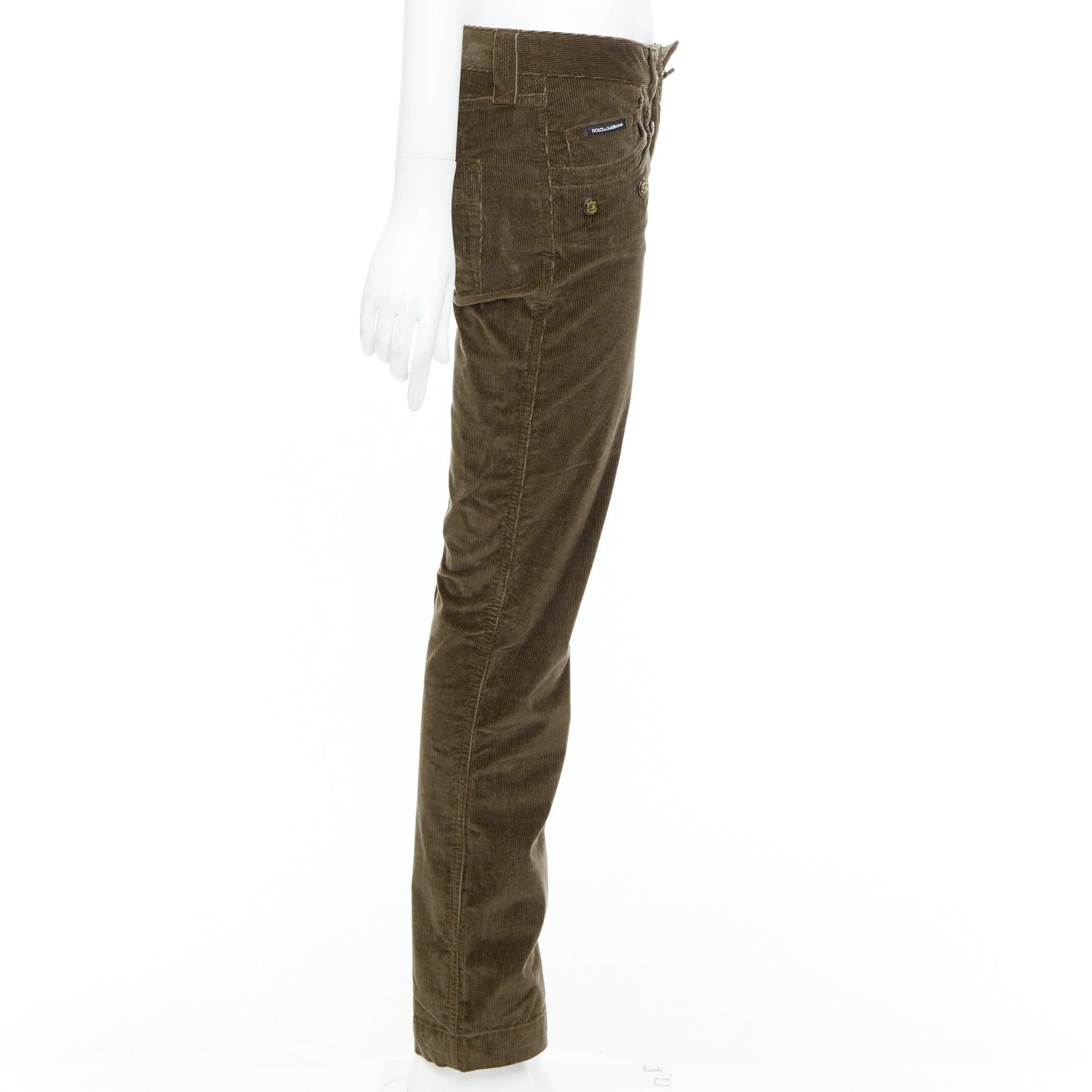 DOLCE GABBANA khaki corduroy DG crest buttons flared pants IT38 XS In Good Condition For Sale In Hong Kong, NT