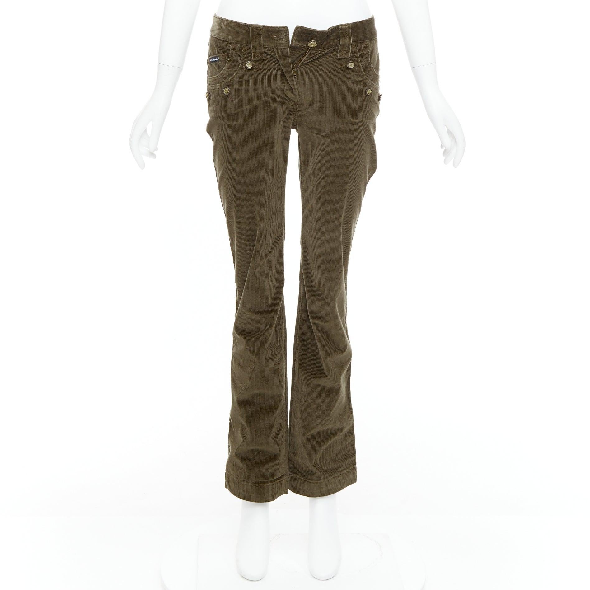 DOLCE GABBANA khaki corduroy DG crest buttons flared pants IT38 XS For Sale 4