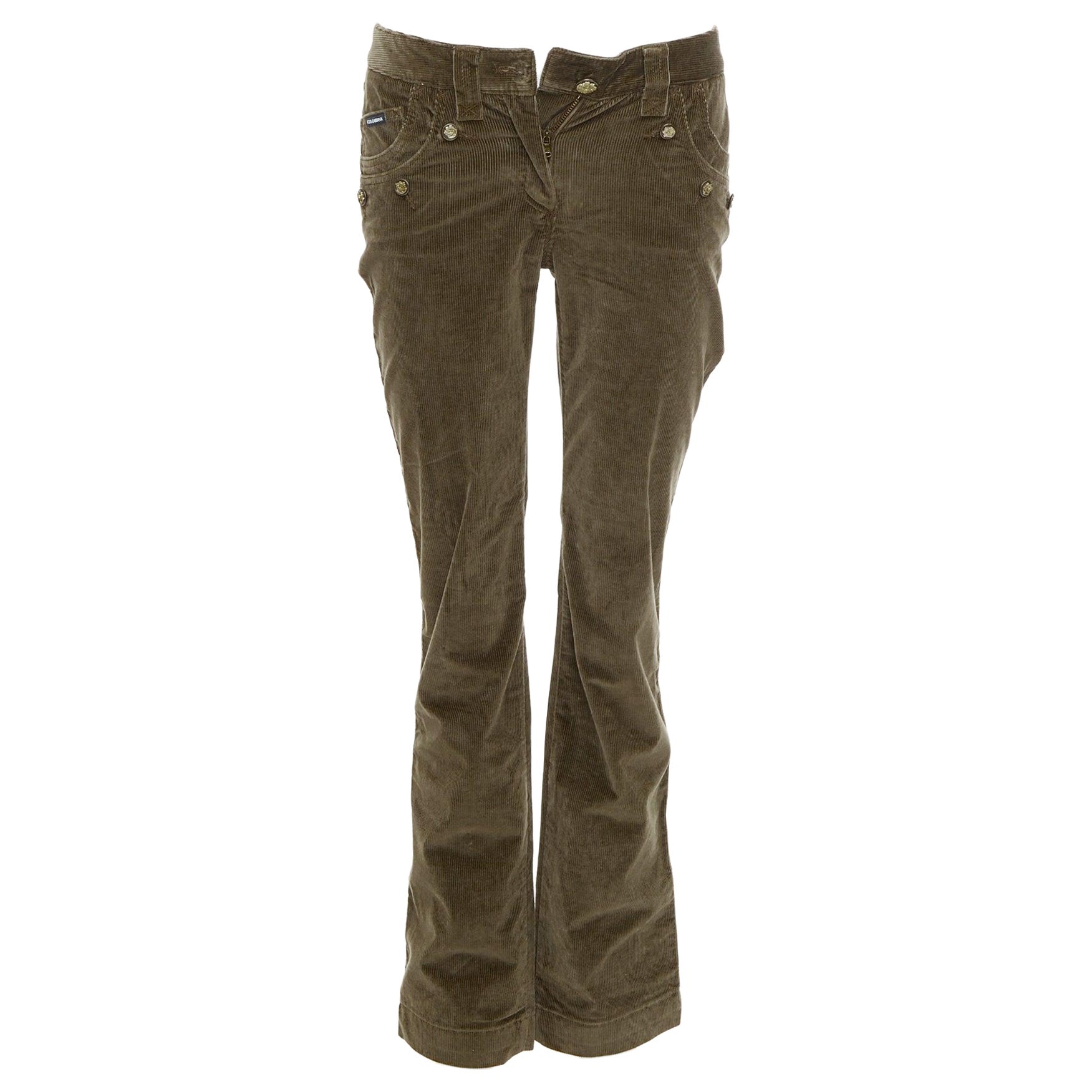 DOLCE GABBANA pantaloni svasati in velluto a coste color cachi DG con bottoni a stemma IT38 XS
