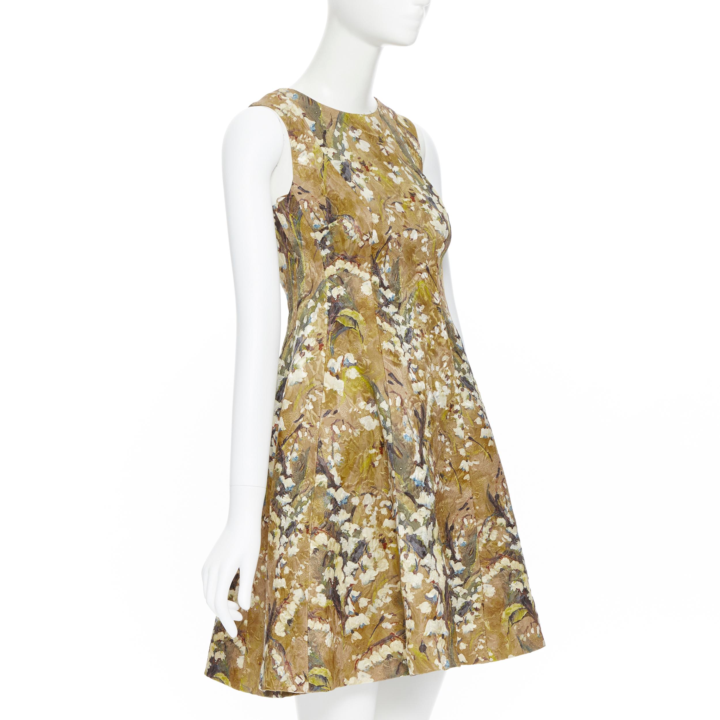 Beige DOLCE GABBANA khaki floral blossom jewel button jacquard flared dress  IT36 XS