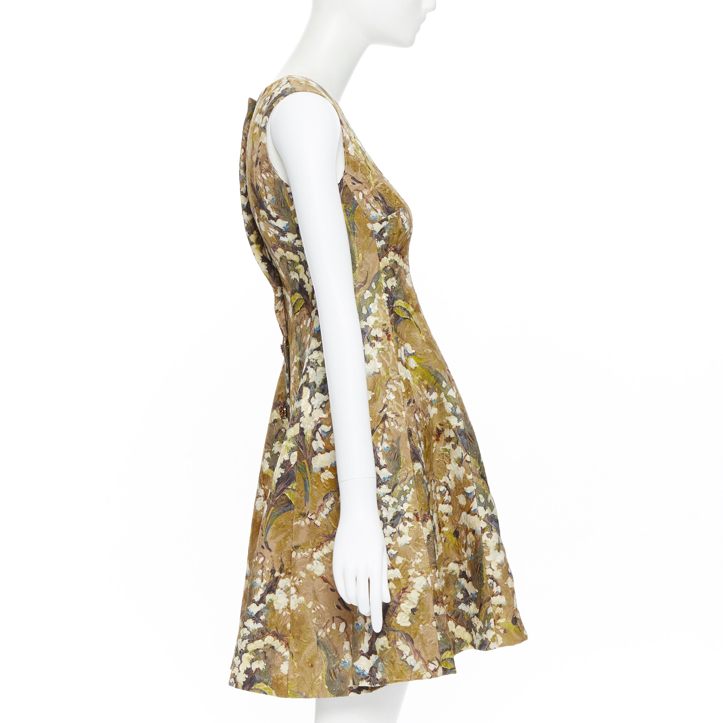 DOLCE GABBANA khaki floral blossom jewel button jacquard flared dress  IT36 XS In Excellent Condition In Hong Kong, NT