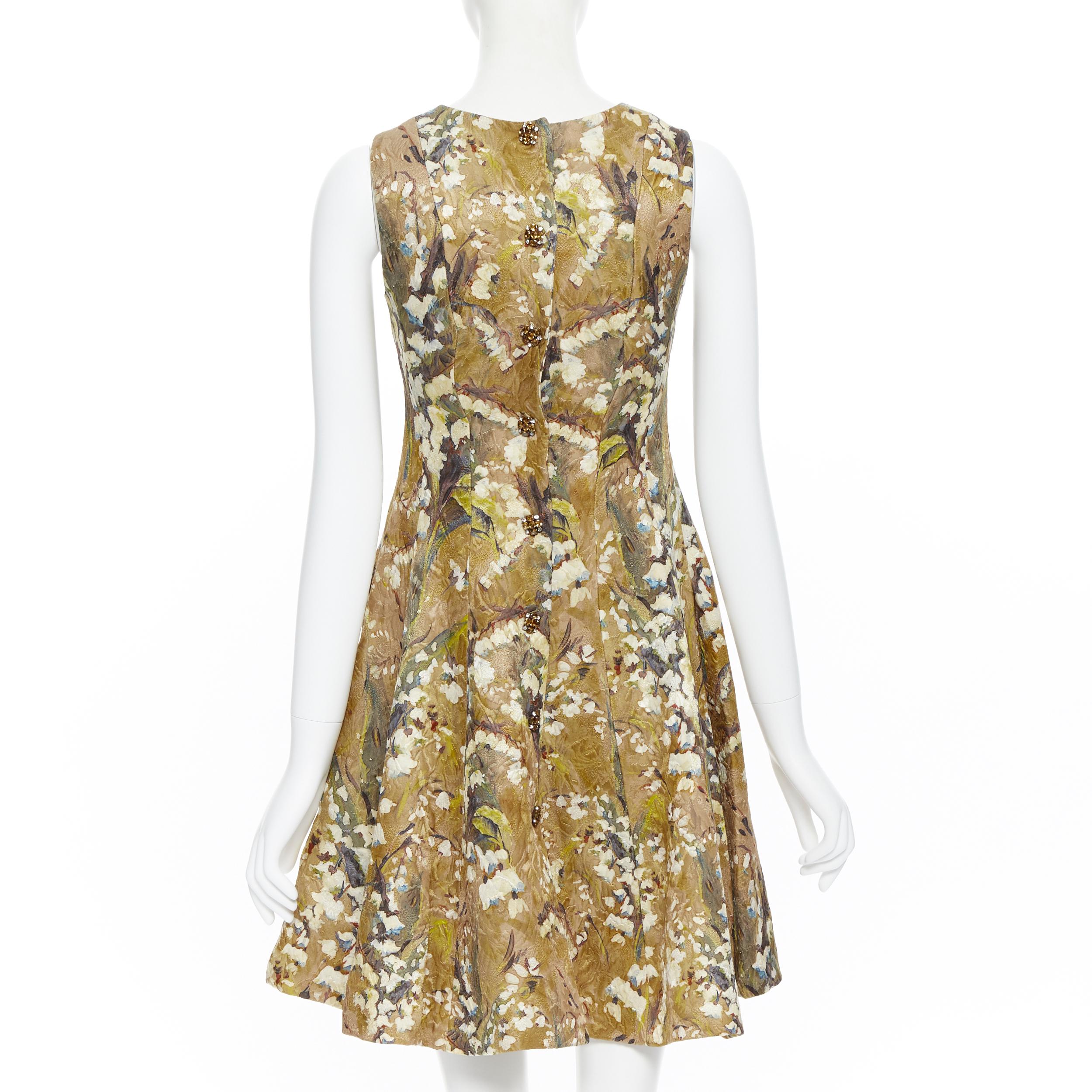 Women's DOLCE GABBANA khaki floral blossom jewel button jacquard flared dress  IT36 XS