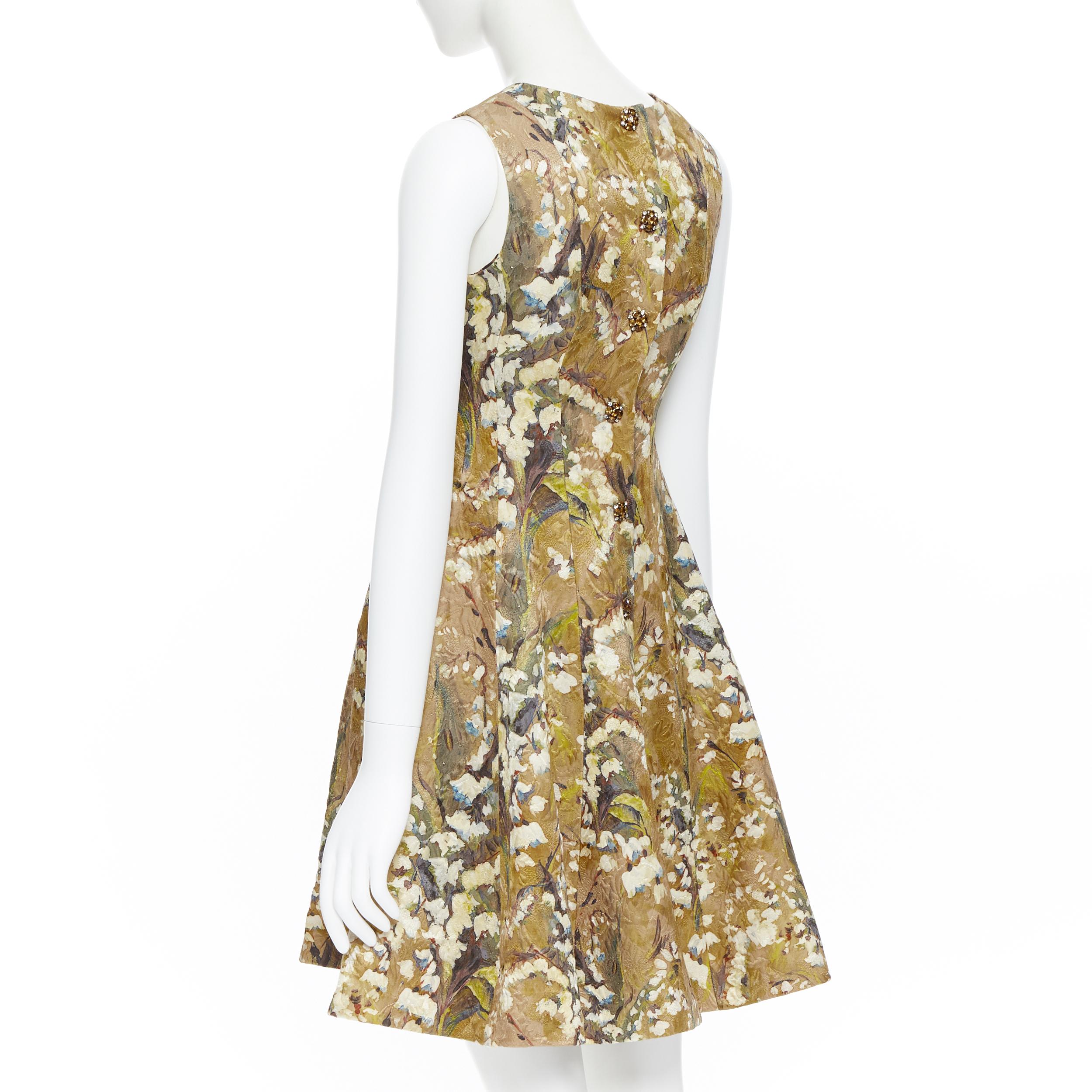 DOLCE GABBANA khaki floral blossom jewel button jacquard flared dress  IT36 XS 1
