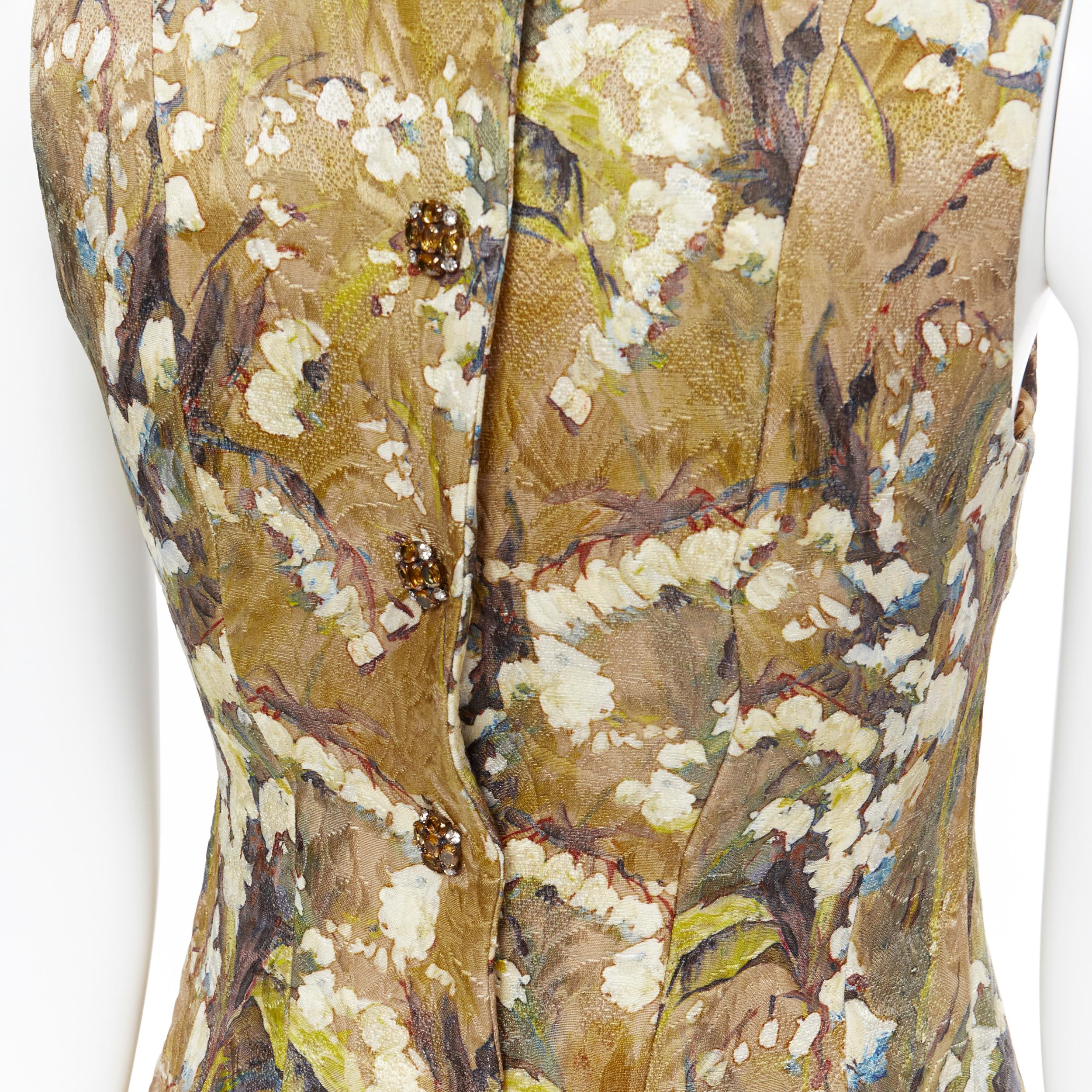 DOLCE GABBANA khaki floral blossom jewel button jacquard flared dress  IT36 XS 2