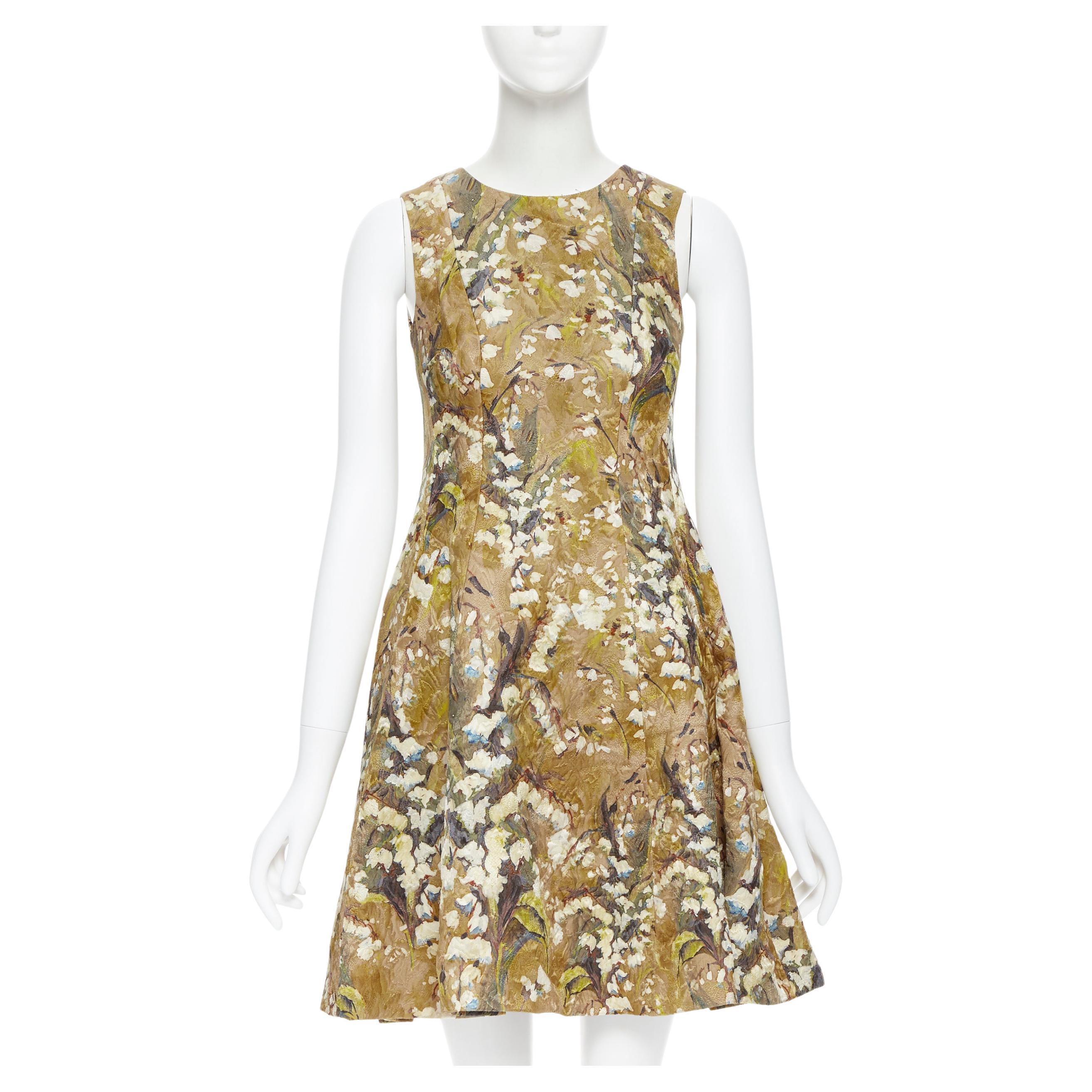 DOLCE GABBANA khaki floral blossom jewel button jacquard flared dress  IT36 XS
