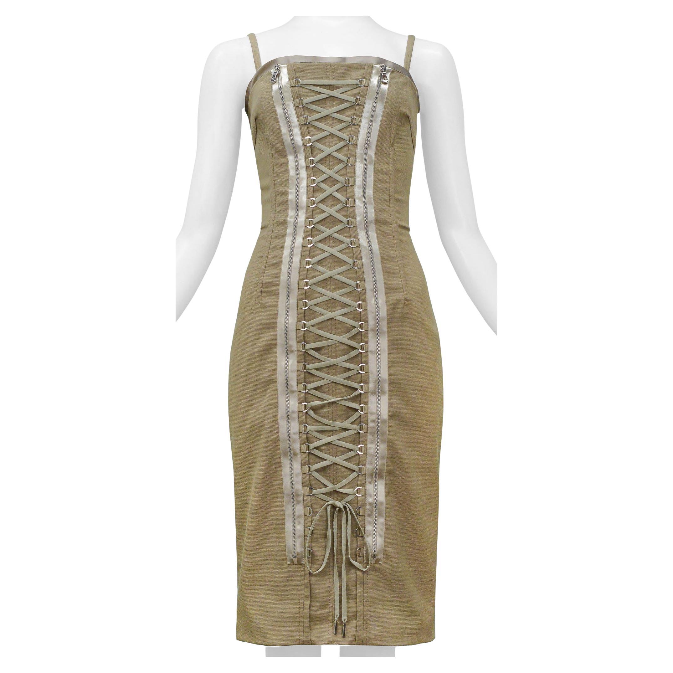 Dolce & Gabbana Khaki Lace Up Corset Dress With Reflective Trim For Sale