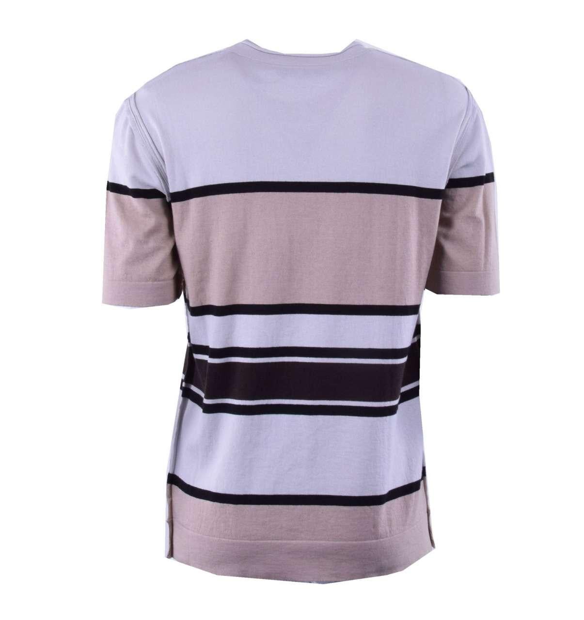 - Knitted T-Shirt made of cotton and cashmere with multicolored stripes and front pocket by DOLCE & GABBANA - New with Tag - Former RRP: EUR 395 - Material: 85% Cotton, 15% Cashmere - MADE IN ITALY - Slim F- Model: GF103K-F39AC-S8096 - Color: Brown