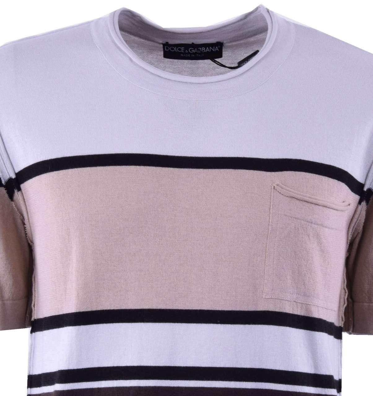 Dolce & Gabbana - Knitted Cotton Cashmere T-Shirt with Stripes Brown Beige 44 In Excellent Condition For Sale In Erkrath, DE