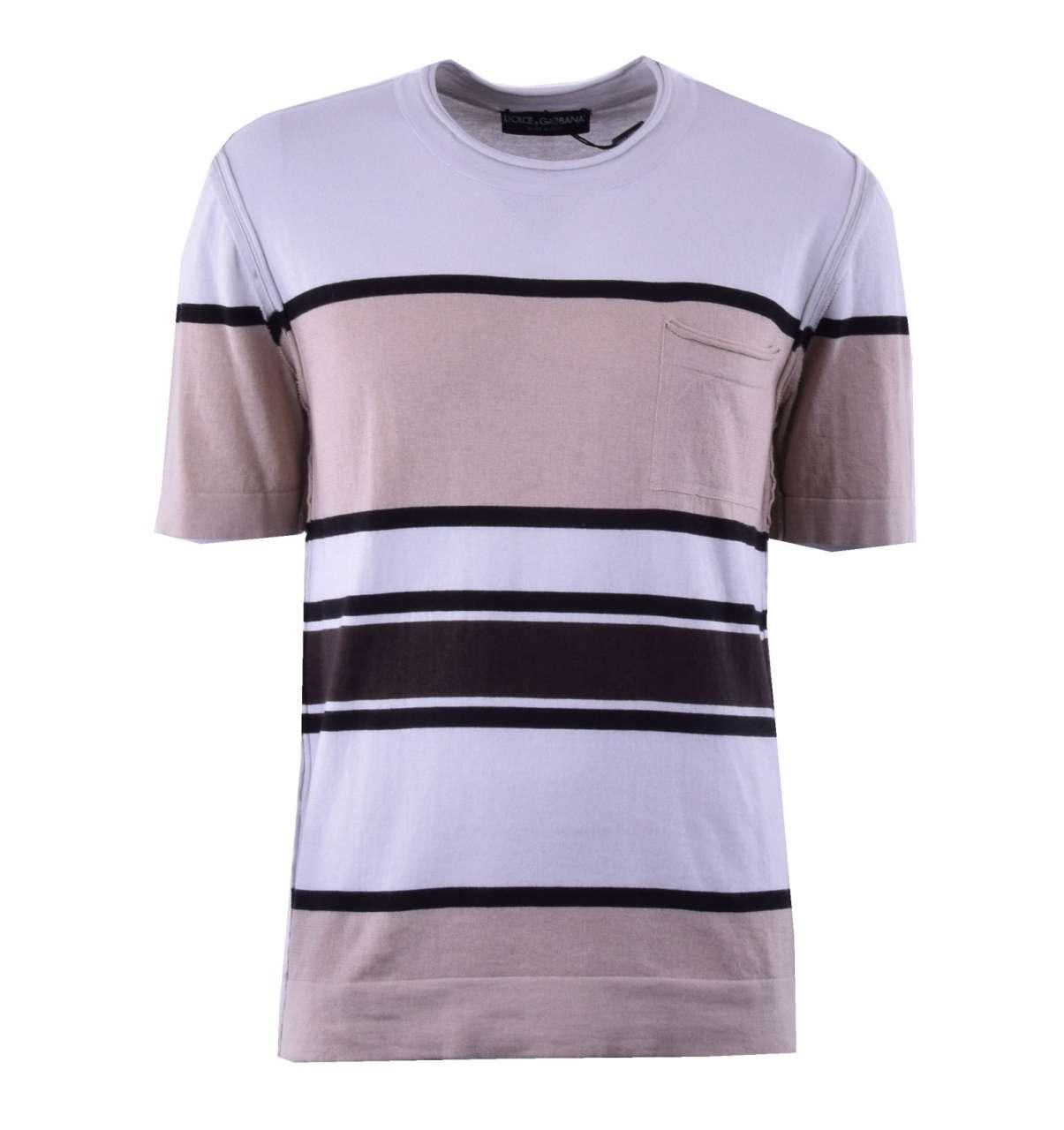 Men's Dolce & Gabbana - Knitted Cotton Cashmere T-Shirt with Stripes Brown Beige 44 For Sale
