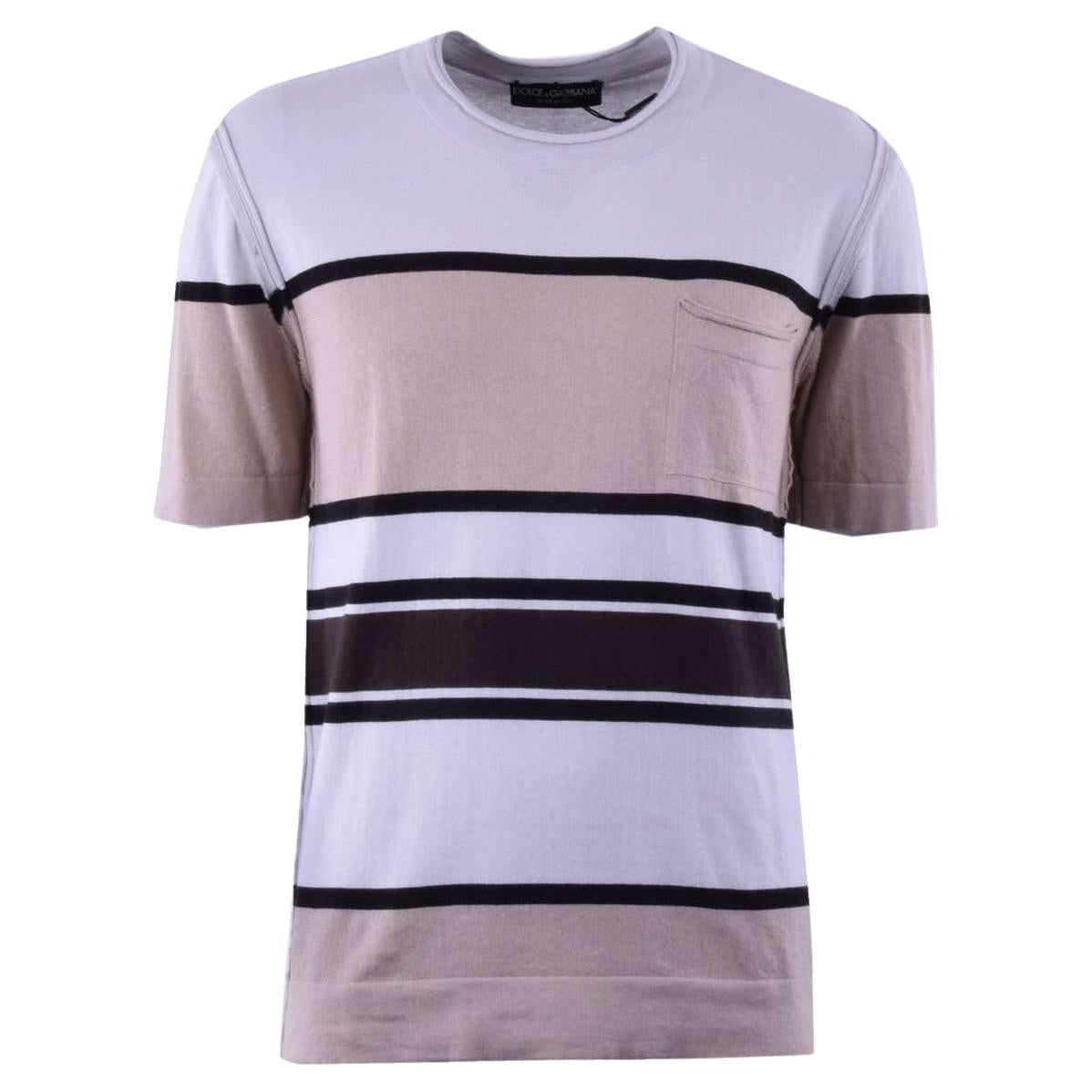 Dolce & Gabbana - Knitted Cotton Cashmere T-Shirt with Stripes Brown Beige 44 For Sale