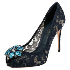 Dolce & Gabbana  Lace And Mesh Crystal Embellished Peep Toe Pumps Size 37.5