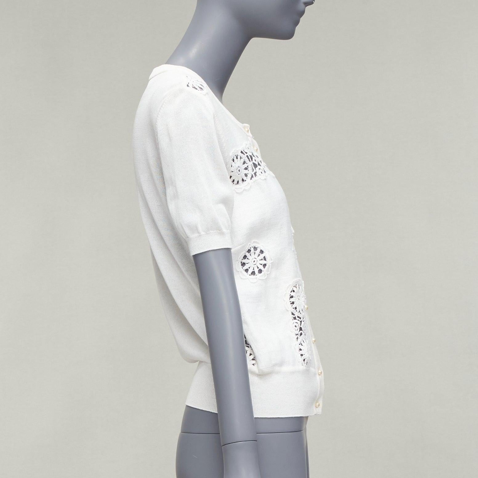 DOLCE GABBANA lace eyelet pearl buttons short sleeve cardigan sweater IT44 L In Good Condition For Sale In Hong Kong, NT