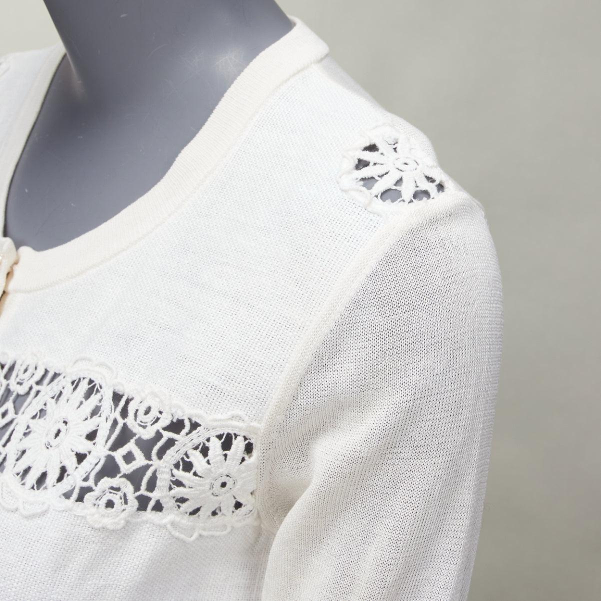 DOLCE GABBANA lace eyelet pearl buttons short sleeve cardigan sweater IT44 L For Sale 2