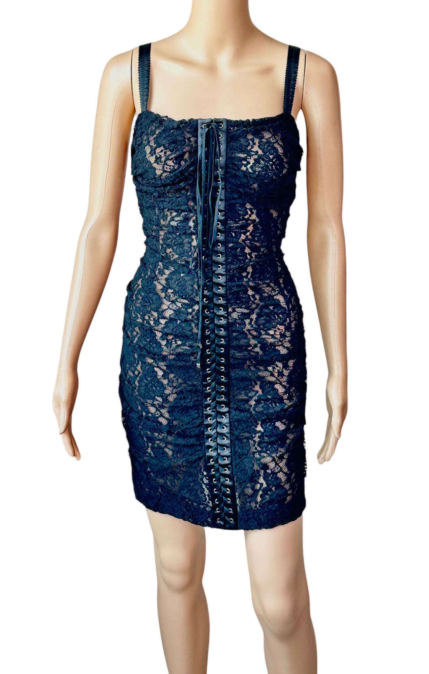 Dolce & Gabbana Lace Up Bustier Sheer Lace Crochet Bodycon Black Mini Dress IT 42