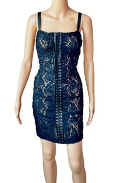 Dolce & Gabbana Lace Up Bustier Sheer Lace Crochet Bodycon Black Mini Dress