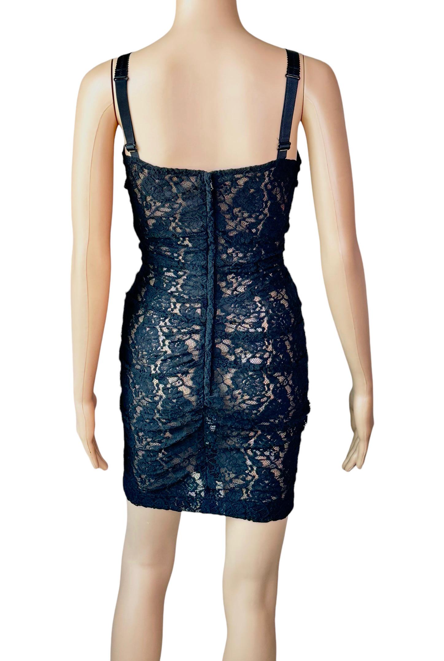 Dolce & Gabbana Lace Up Bustier Sheer Lace Crochet Bodycon Black Mini Dress In Good Condition For Sale In Naples, FL