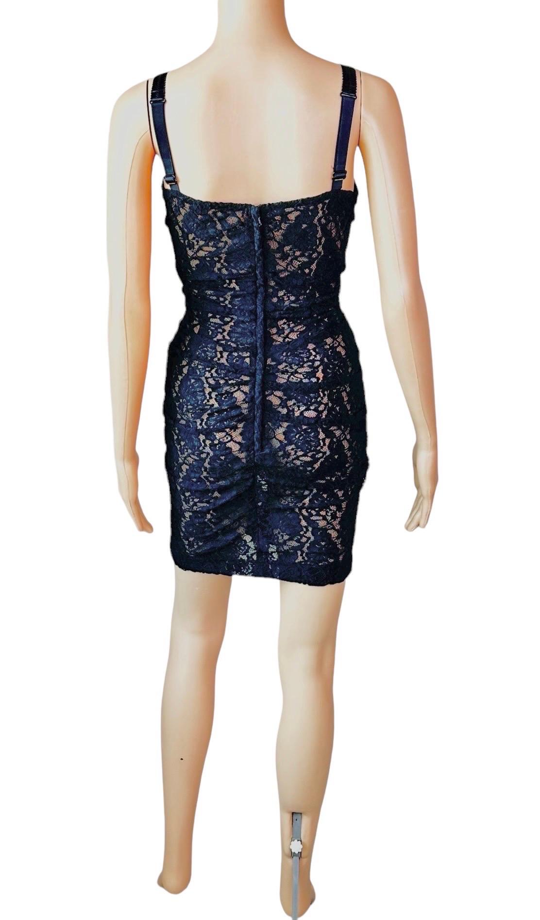 Women's or Men's Dolce & Gabbana Lace Up Bustier Sheer Lace Crochet Bodycon Black Mini Dress For Sale