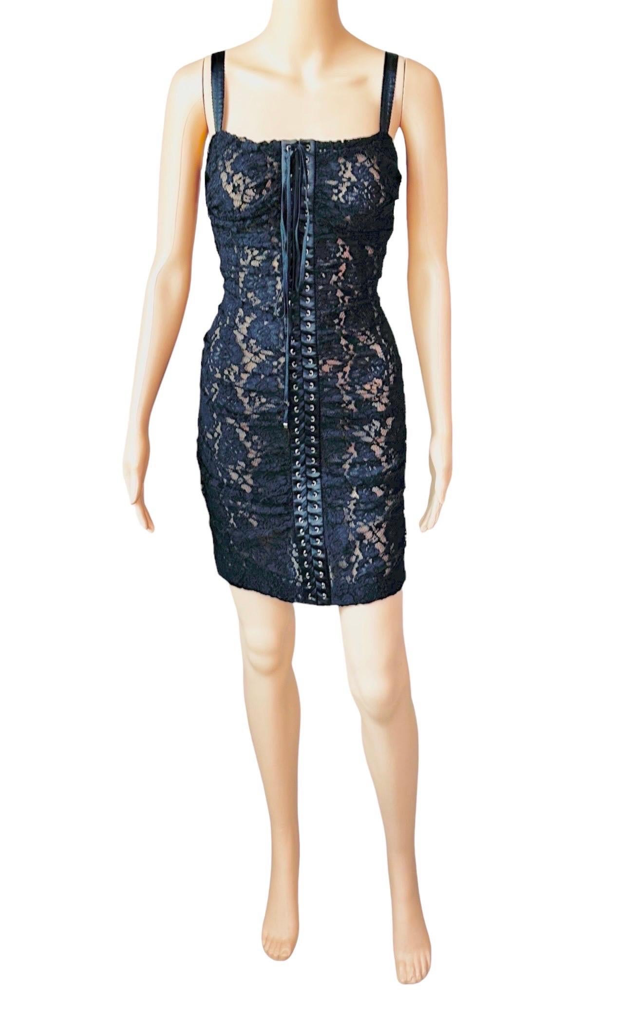 Dolce & Gabbana Lace Up Bustier Sheer Lace Crochet Bodycon Black Mini Dress For Sale 1