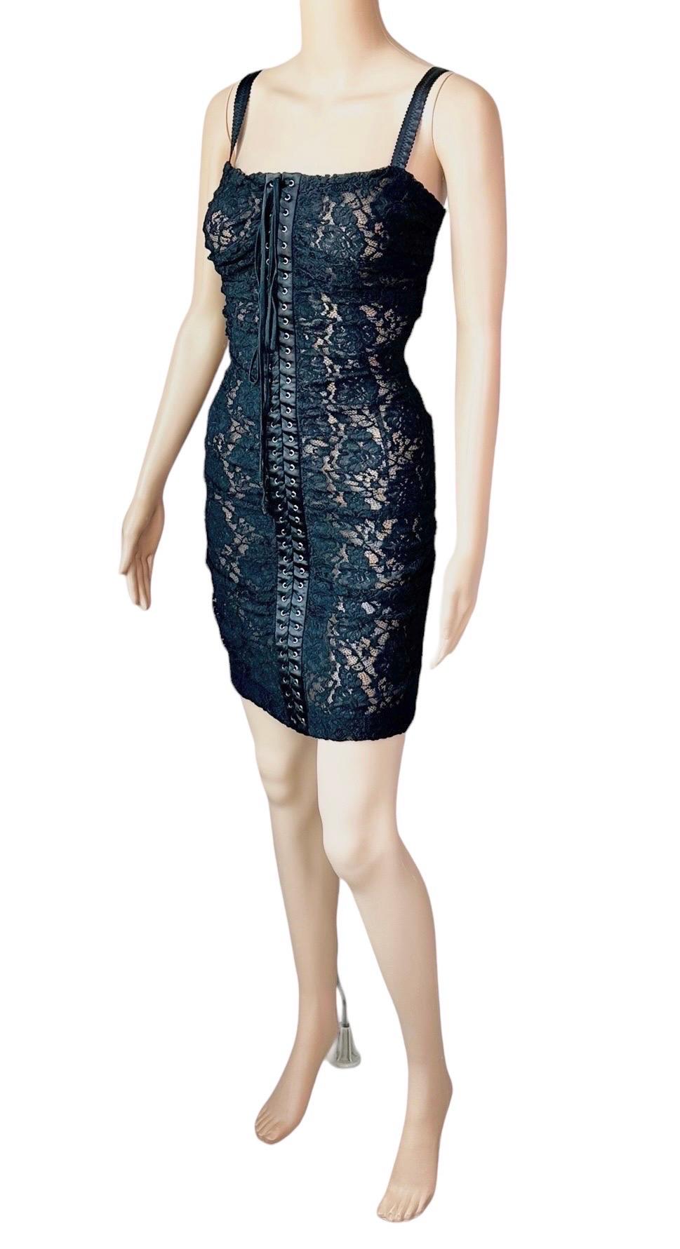 Dolce & Gabbana Lace Up Bustier Sheer Lace Crochet Bodycon Black Mini Dress For Sale 2