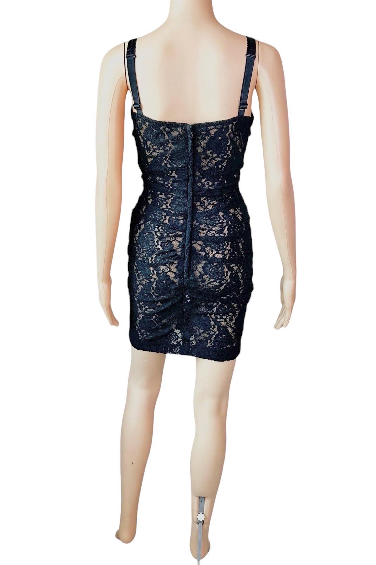 Dolce & Gabbana Lace Up Bustier Sheer Lace Crochet Bodycon Black Mini Dress For Sale 3