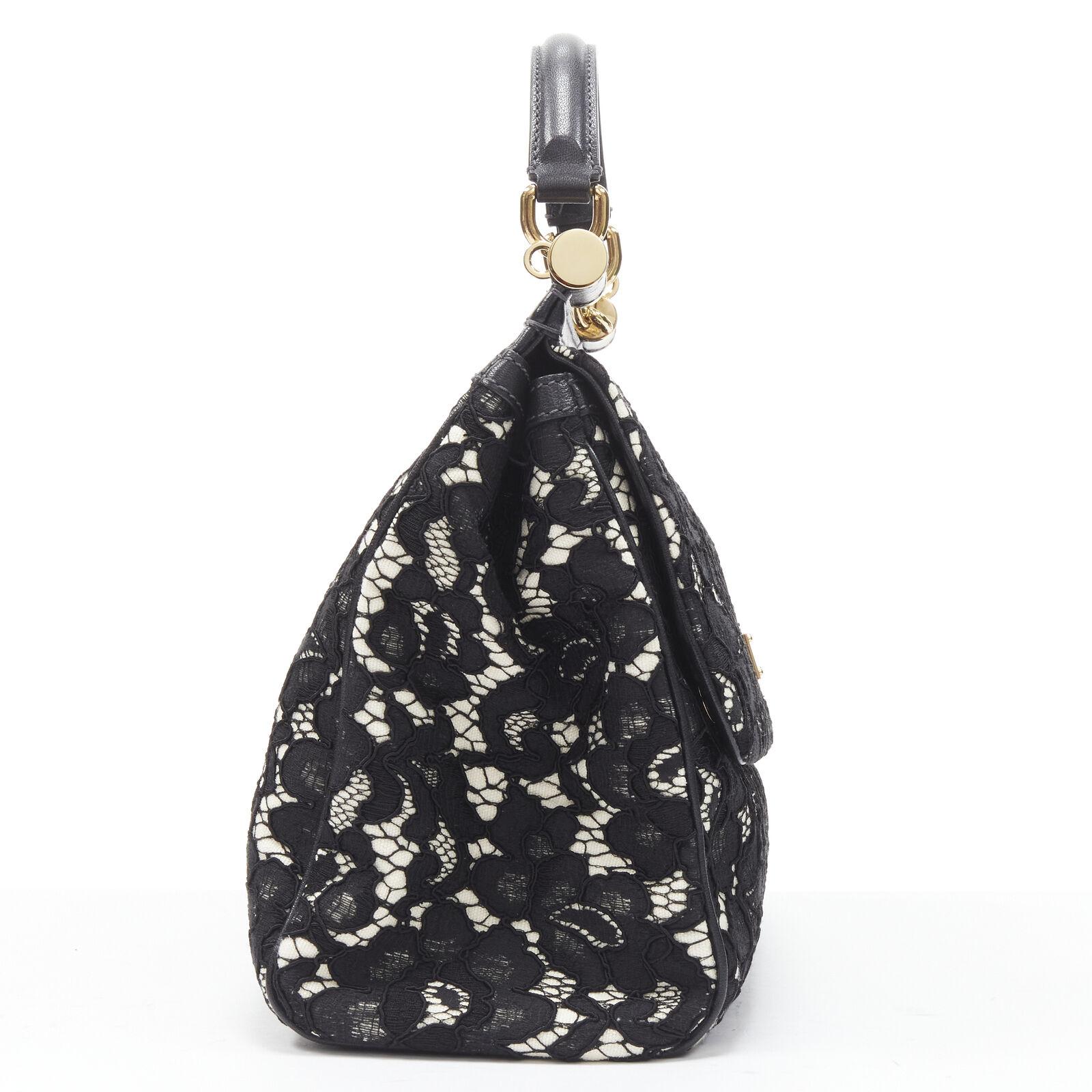Black DOLCE GABBANA Large Miss Sicily cream lace applique top handle bag