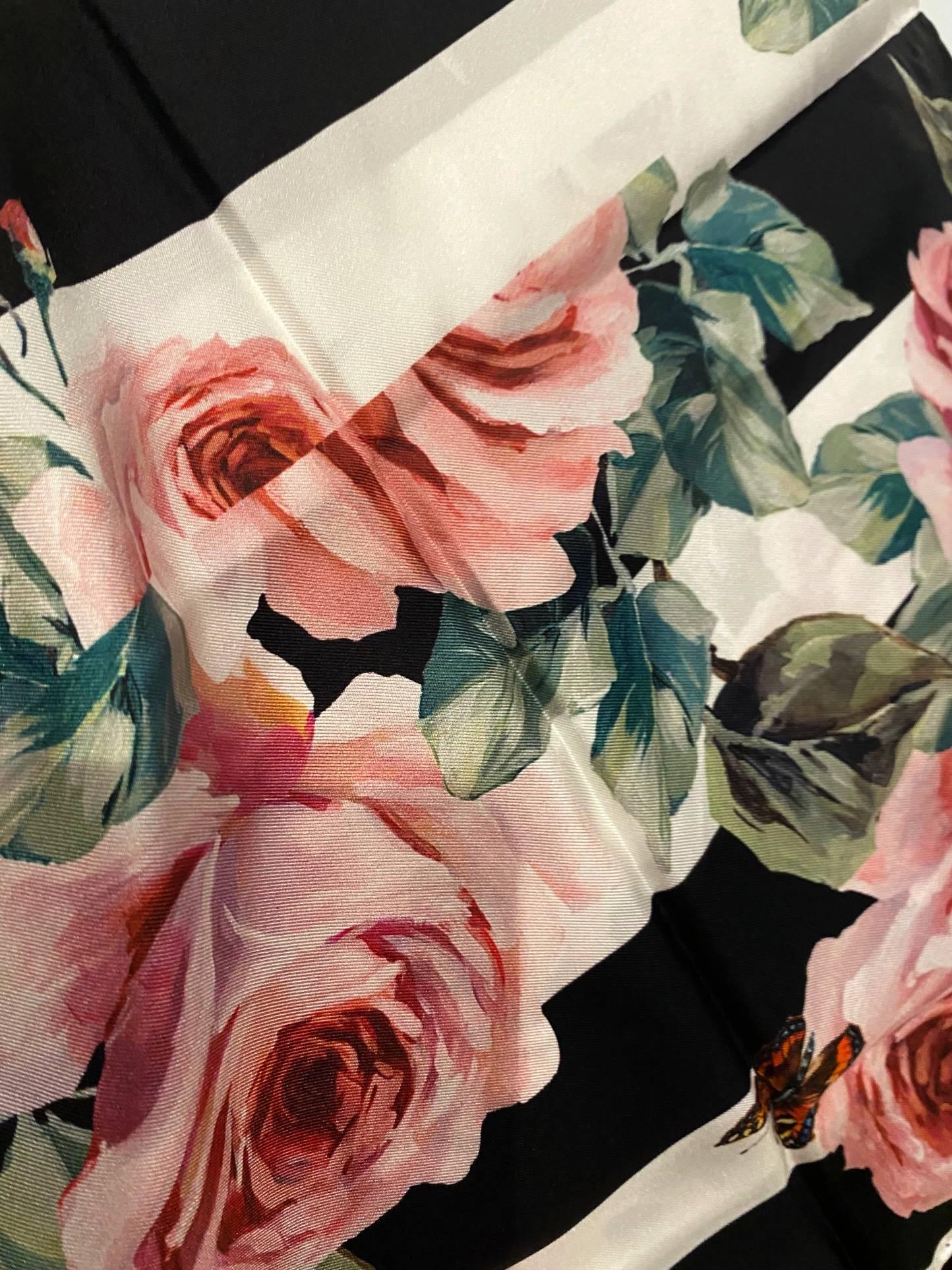 Dolce & Gabbana Large Twill Stripe Silk Scarf with Pink Rose Print  In Excellent Condition In London, GB