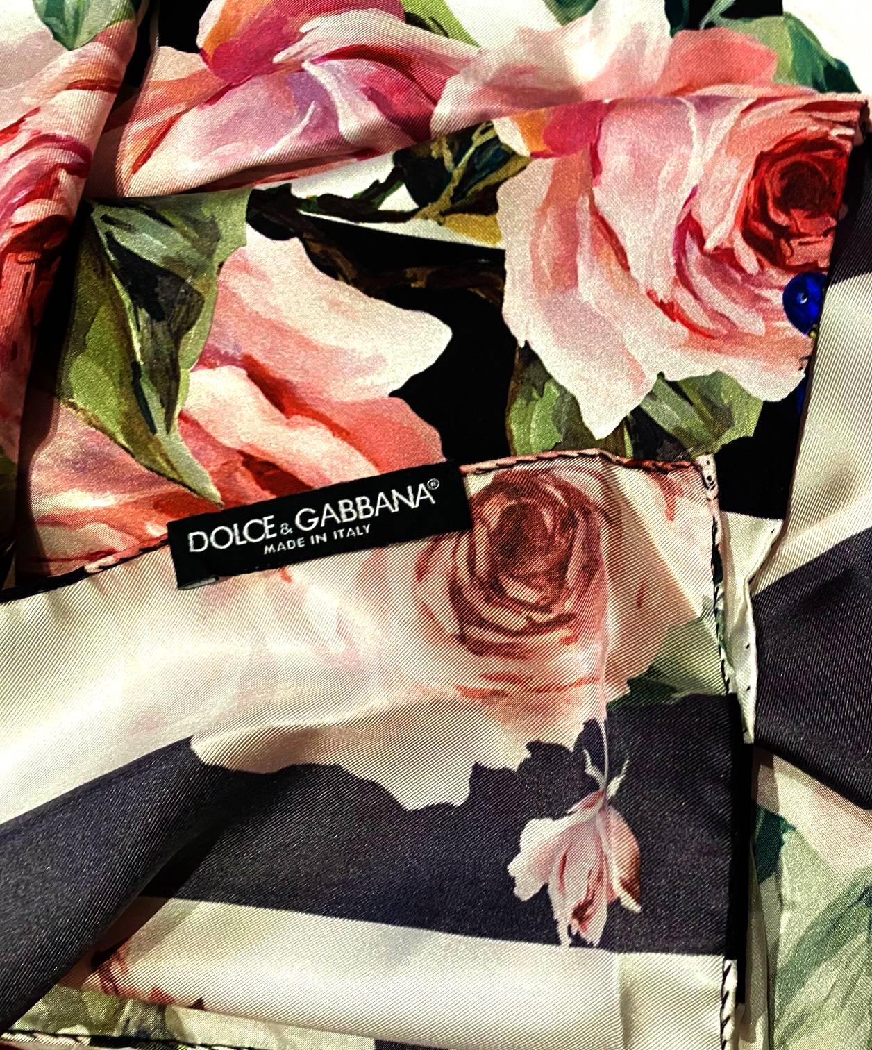 Women's or Men's Dolce & Gabbana Large Twill Stripe Silk Scarf with Pink Rose Print 