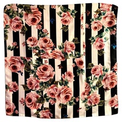 Dolce & Gabbana Large Twill Stripe Silk Scarf with Pink Rose Print 