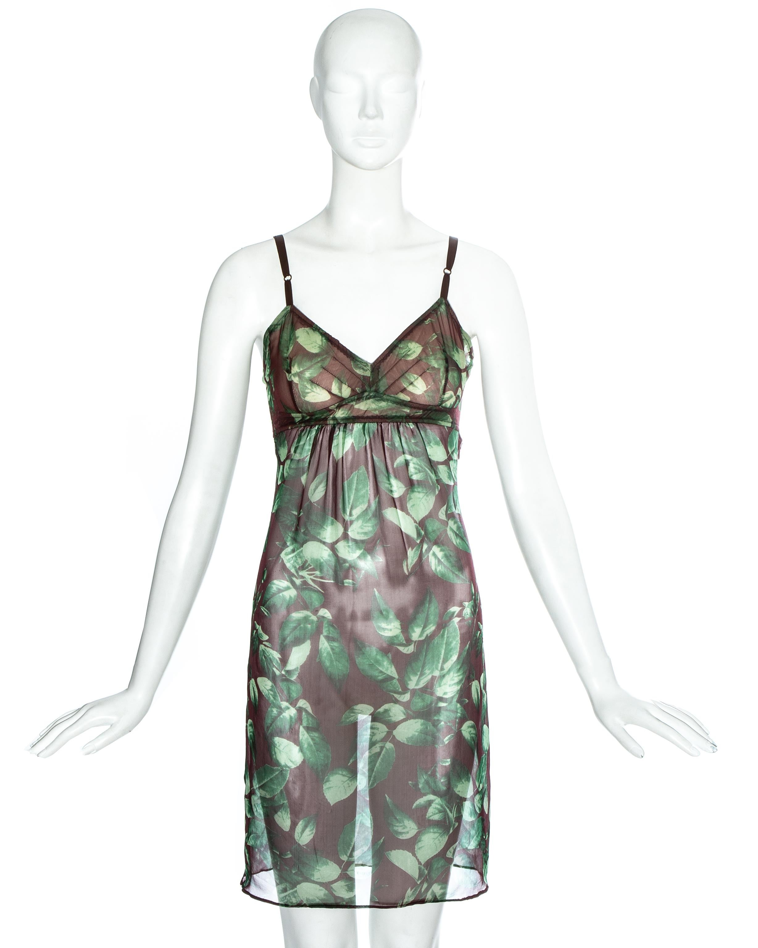 Dolce & Gabbana green leaf printed silk chiffon slip dress with attached bra

Spring-Summer 1997