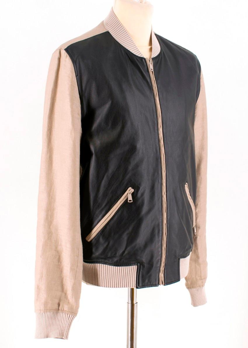 Dolce & Gabanna Beige & Black Leather Blend Bomber Jacket.

- Linen bomber jacket with lambskin leather sleeves.
 - Exposed front zipper closure
- Zip fastening jet pockets with zipper 
- Zipper detail on cuffs
- Ribbed, collar, hem & cuffs
-