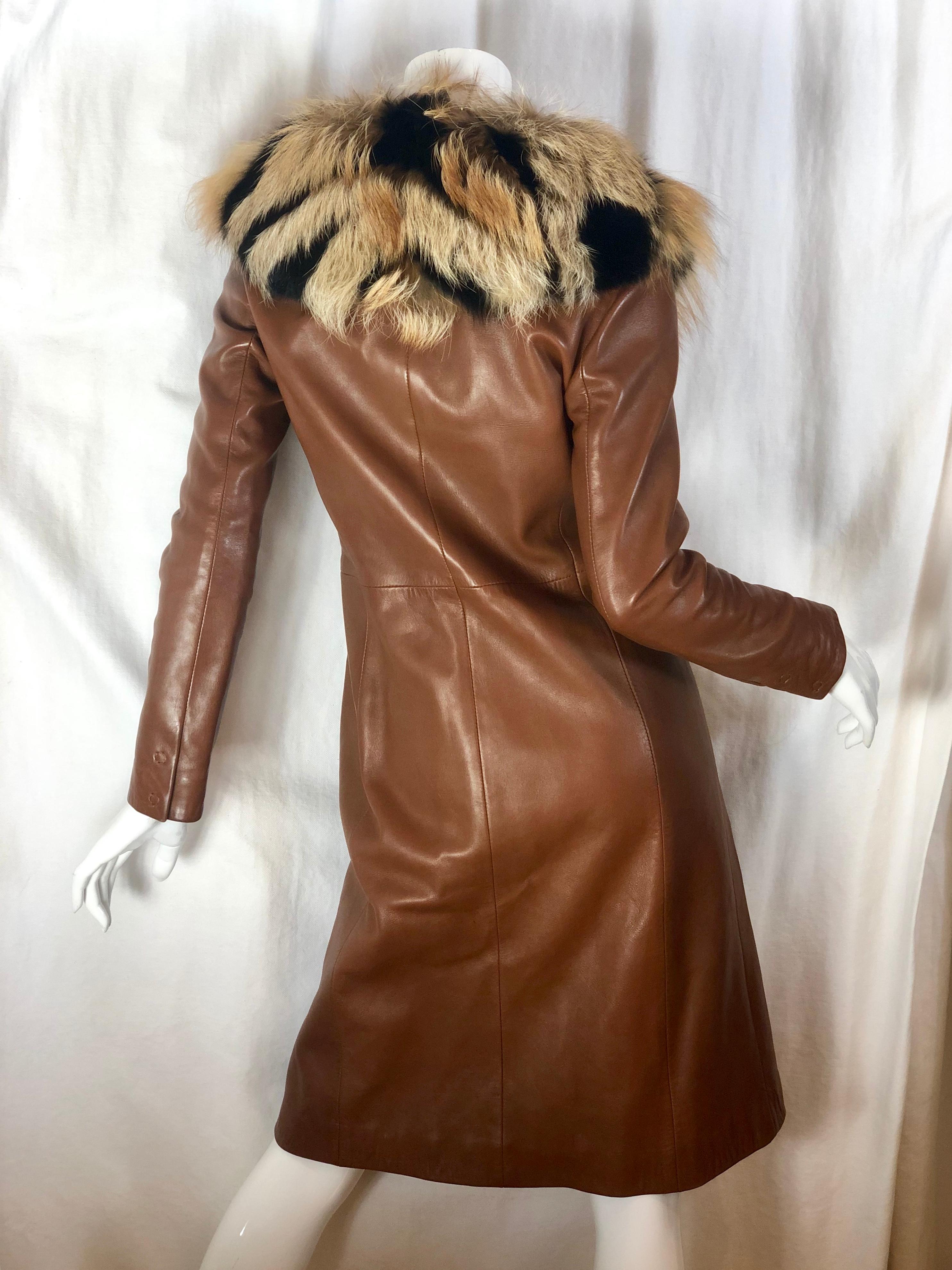 Dolce & Gabbana Leather Coat w/ Fur Collar In Good Condition In Bridgehampton, NY