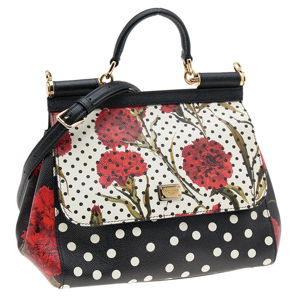 Dolce & Gabbana Leather Floral Polka Dot Print Medium Miss Sicily Top Handle Bag In Good Condition In Dubai, Al Qouz 2