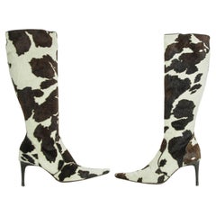 Dolce & Gabbana Leather Knee Fitted Boots Black and white Animal Print Size EU35