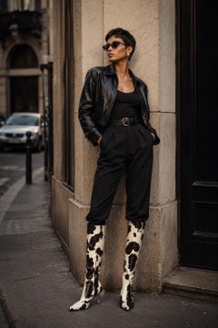 Dolce & Gabbana Leather Knee Fitted Boots Black and white Animal Print Size EU35