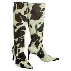 Dolce & Gabbana Leather Knee Fitted Boots Black and white Animal Print Size EU35